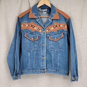 Stefano Vintage Denim Jean Western Trucker Jacket Brown Faux Leather Oversized